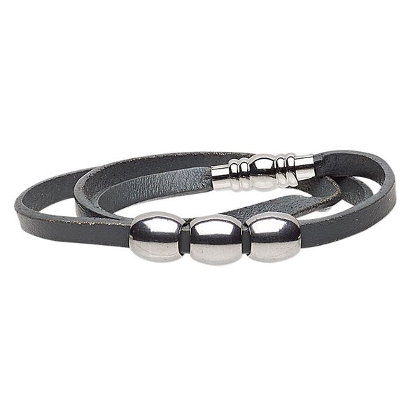 Bracelet, 3-strand wrap, leather (dyed) and stainless steel, grey, 10mm wide with 10mm barrel, 6 inches with magnetic clasp. Sold individually. image number 0