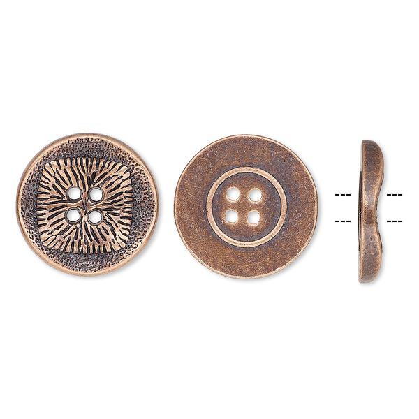Button, antiqued copper-finished "pewter" (zinc-based alloy), 21mm single-sided wavy flat round with textured square design. Sold per pkg of 20. image number 0