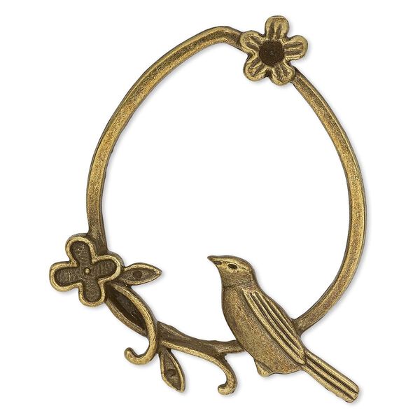 Focal, antique brass-plated "pewter" (zinc-based alloy), 48x40mm single-sided open teardrop with cutout bird and flower design. Sold per pkg of 2. image number 0