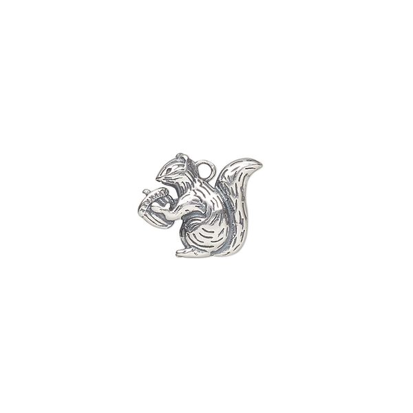 Charm, antiqued sterling silver, 14x11mm squirrel and nut. Sold individually. image number 0