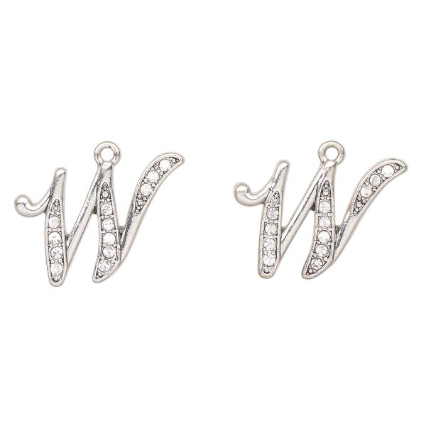 Charm, antique silver-finished "pewter" (zinc-based alloy) and glass, clear, 26x19mm letter "W". Sold per pkg of 2. image number 0