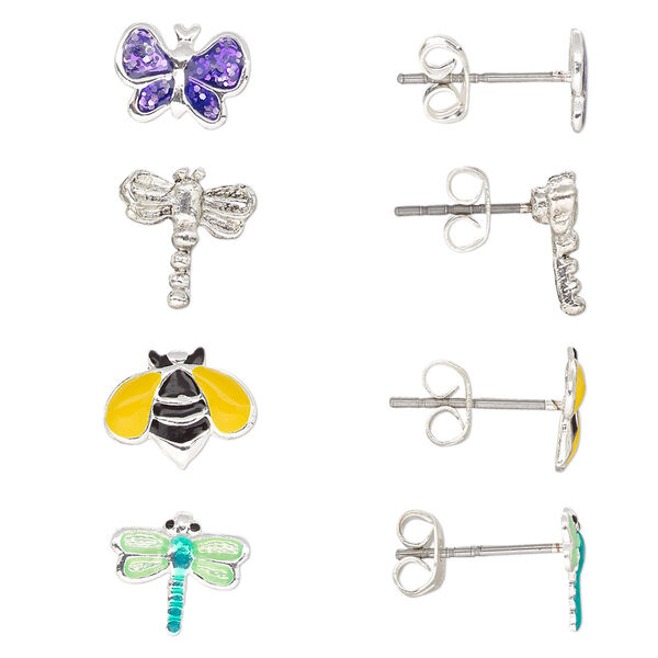 Earstud mix, enamel / stainless steel / silver-finished brass, multicolored, 10x7mm-10x9.5mm assorted insect with post. Sold per pkg of 4 pairs. image number 0