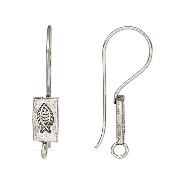 Ear wire fishhook 1pkg2 Hill Tribes fine silver, 27mm / rectangle stamped fish design / closed loop, 21 gauge antiqued 1 pair image number 0