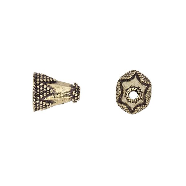 Cone, antique gold-finished brass, 11x10mm beaded hexagonal, 7x6mm hole. Sold per pkg of 6. image number 0
