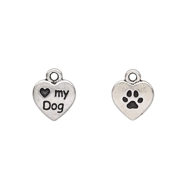 Charm, TierraCast®, antique silver-plated pewter (tin-based alloy), 10mm two-sided heart with "Love my Dog" and paw print. Sold per pkg of 2. image number 0