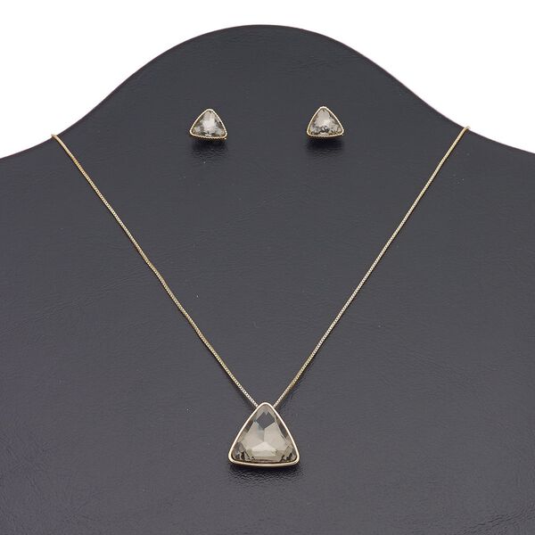 Necklace and earring set, glass / copper-plated brass / steel / "pewter" (zinc-based alloy), grey, 22x22x22mm triangle, 16 inches with 3-inch extender chain and lobster claw clasp, 12x12x12mm triangle with post. Sold per set. image number 0