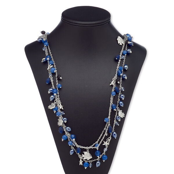 Necklace, 3-strand, glass / acrylic / silver-coated acrylic / silver-plated steel, multicolored, 30 inches with 3-inch extender chain and lobster claw clasp. Sold individually. image number 0