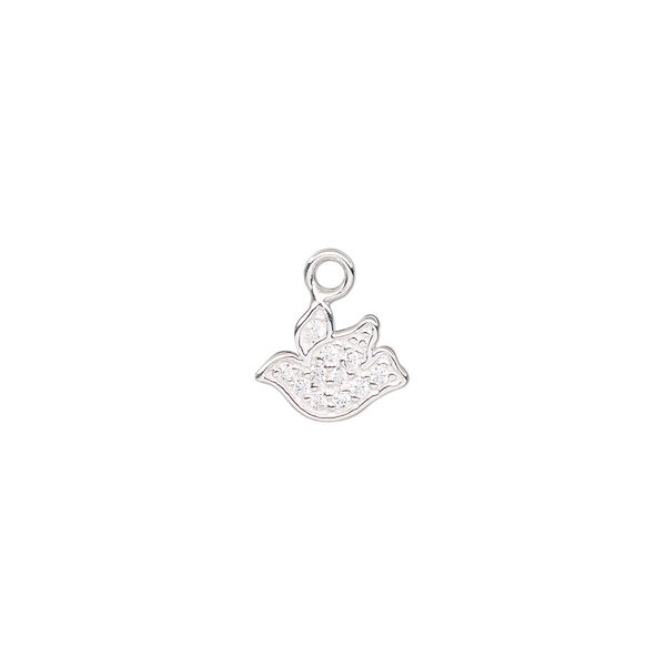 Charm, sterling silver and cubic zirconia, clear, 10x7.5mm single-sided bird. Sold individually. image number 0