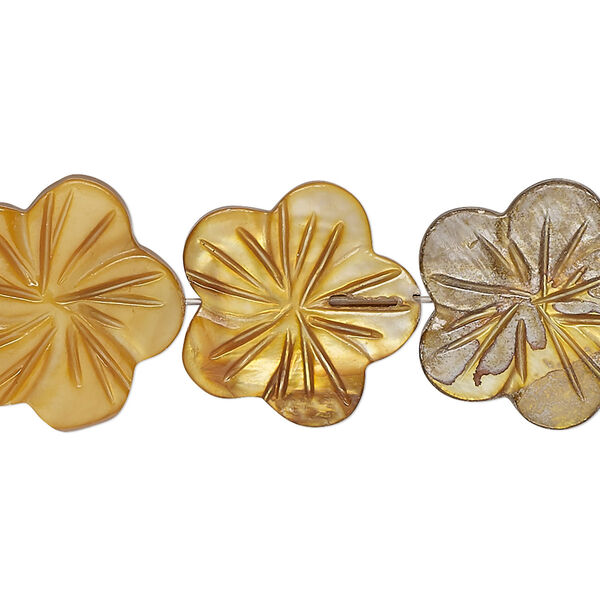 Bead, mother-of-pearl shell (dyed), golden brown, 18x17mm-22x21mm carved flat flower with 0.6-0.8mm hole, Mohs hardness 3-1/2. Sold per 15-inch strand. image number 0