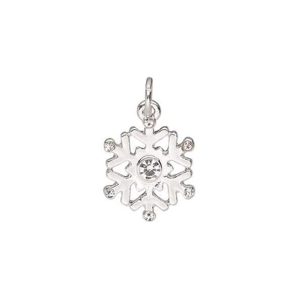 Charm, silver-finished "pewter" (zinc-based alloy) and glass, clear, 15.5mm snowflake. Sold per pkg of 6. image number 0