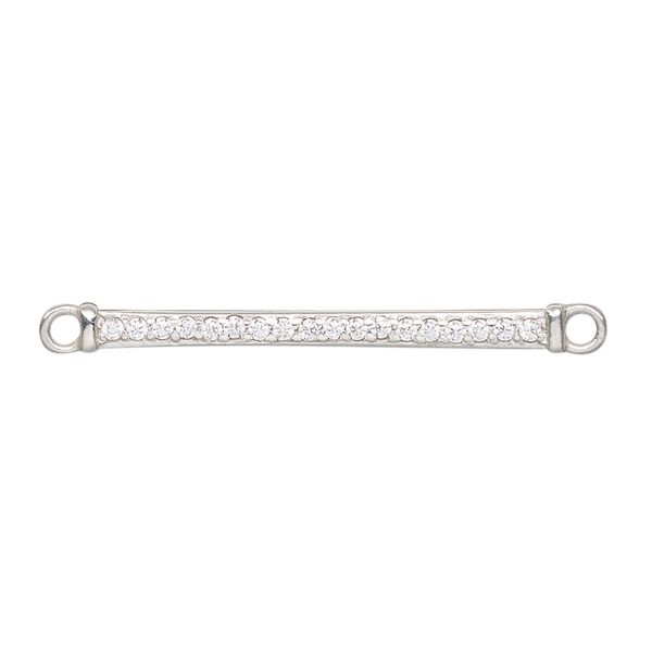 Focal, sterling silver and cubic zirconia, clear, 33x3mm single-sided rectangle with 2 loops. Sold individually. image number 0