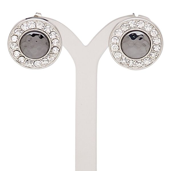 Earring, glass rhinestone / gunmetal-finished stainless steel / imitation rhodium-finished brass / "pewter" (zinc-based alloy), clear, 20mm with round and post. Sold per pair. image number 0