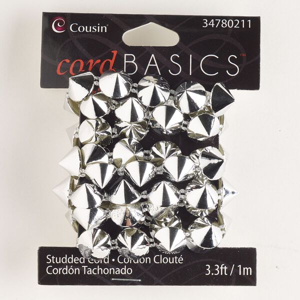 Cord, acrylic, silver, 11mm flat with round studs. Sold per pkg of 1 meter. image number 0