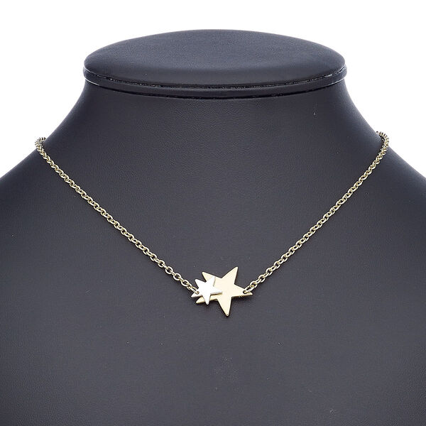 Necklace, silver-finished aluminum / gold-finished aluminum / steel / "pewter" (zinc-based alloy), 22x21mm stars, 18 inches with 2-inch extender chain and lobster claw clasp. Sold individually. image number 0