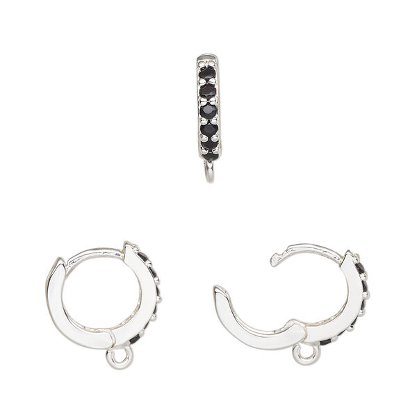 Hoop, silver-finished brass and glass, black, 13mm hoop, 17 gauge. Sold per pair. image number 0