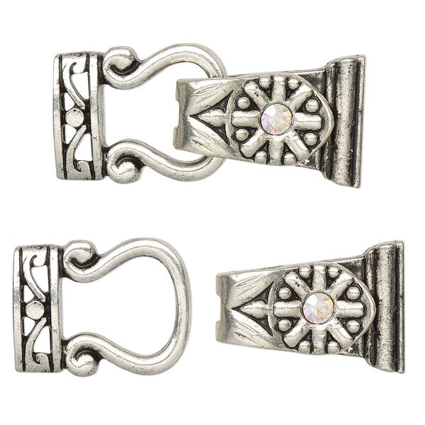 Clasp, magnetic, silver-finished "pewter" (zinc-based alloy) and glass, clear AB, 29x13mm 2-strand fold-over. Sold per pkg of 2. image number 0