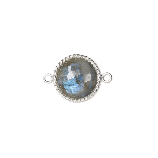 Link, labradorite (natural) and sterling silver, 14-16mm hand-cut double-sided faceted round with twisted wire design. Sold individually. image number 0
