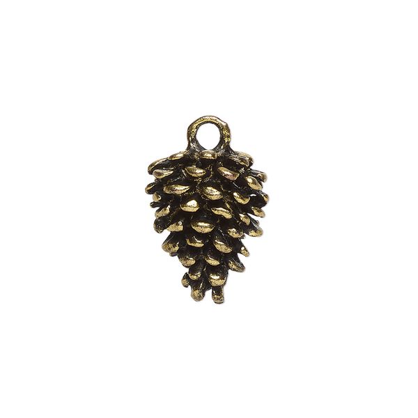 Charm, antique gold-finished "pewter" (zinc-based alloy), 16x12.5mm 3D pinecone. Sold per pkg of 4. image number 0