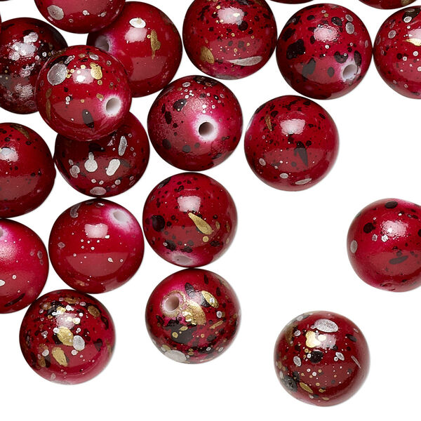 Bead, acrylic, red with gold/silver/black speckles, 10mm round. Sold per pkg of 170. image number 0