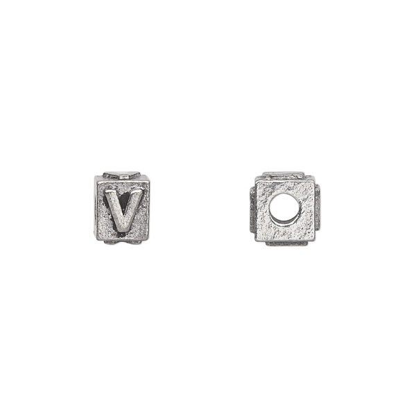 Bead, antiqued pewter (tin-based alloy), 8x6mm rectangle with alphabet letter "V". Sold per pkg of 4. image number 0