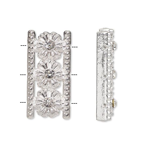 Spacer, glass rhinestone and silver-plated "pewter" (zinc-based alloy), clear, 26x13mm 3-strand with flowers, fits up to 7mm bead. Sold per pkg of 10. image number 0