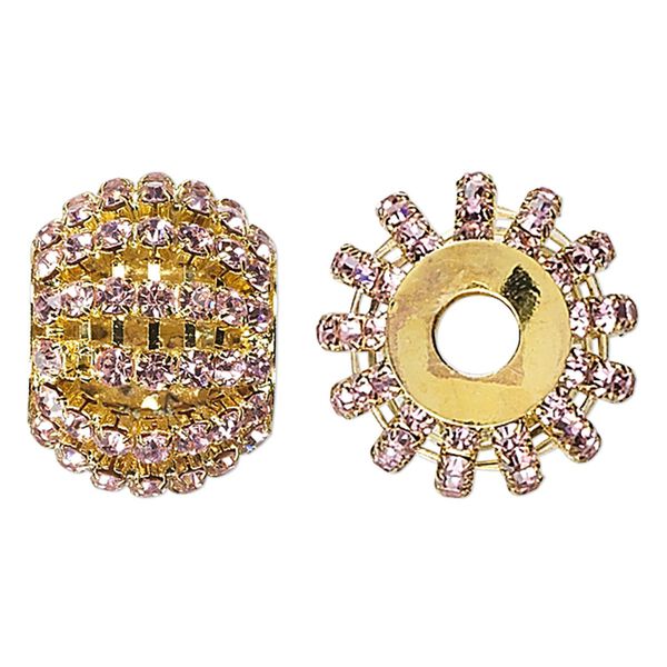 Bead, glass rhinestone and gold-finished brass, pink, 25x20mm barrel with 3mm chatons, 6.5mm hole. Sold individually. image number 0
