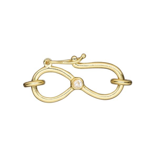 Clasp, S-hook, "vermeil" and cubic zirconia, clear, 26x12.5mm single-sided with safety latch closure. Sold individually. image number 0