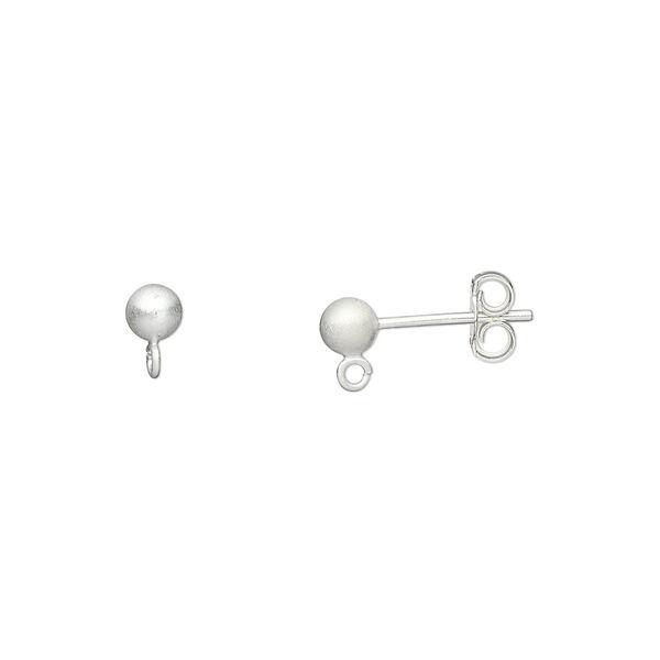 Earstud, sterling silver, 4mm satin ball with open loop. Sold per pkg of 5 pairs. image number 0