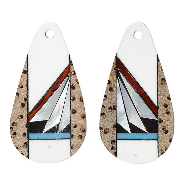 Drop, multi-shell (assembled) and resin, multicolored, 28x15mm single-sided right- and left-facing flat teardrop. Sold per pkg of 2. image number 0