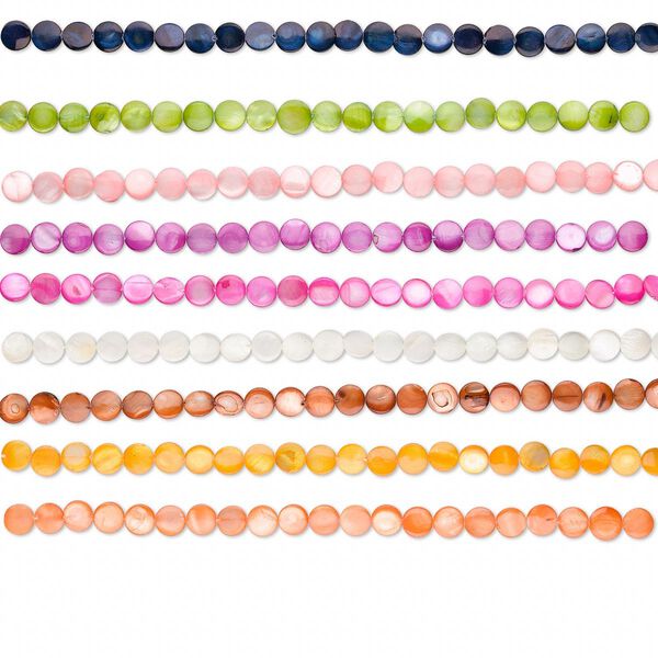 Bead, mother-of-pearl shell (bleached / dyed), assorted colors, 10mm flat round, Mohs hardness 3-1/2. Sold per pkg of (10) 15-1/2" to 16" strands. image number 0
