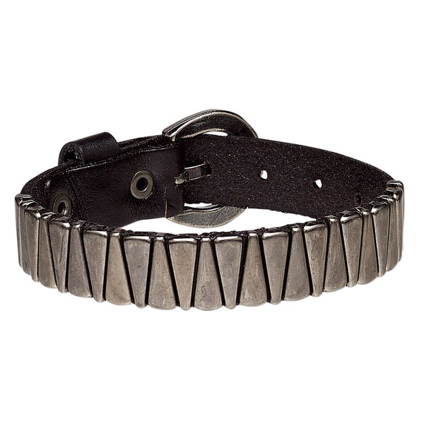 Bracelet, leather (dyed) with antique silver-plated steel and brass, black, 15mm wide with triangle design, adjustable from 5-1/2 to 7 inches with buckle-style closure. Sold individually. image number 0