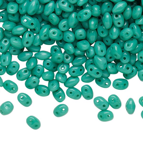 Bead, Preciosa Twin™, Pressed Twin, Czech pressed glass, turquoise green, 5x2.5mm oval with 2 holes. Sold per 50-gram pkg. image number 0