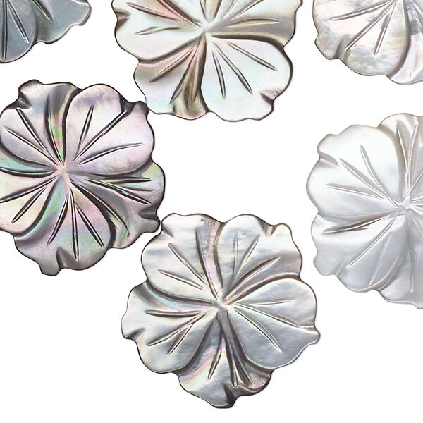Component mix, black lip shell (natural), 20-21mm undrilled carved flower. Mohs hardness 3-1/2. Sold per pkg of 10. image number 0