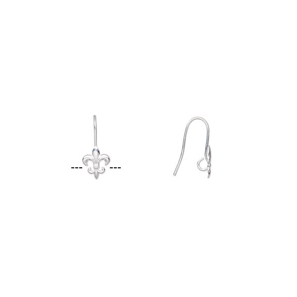 Ear wire, silver-plated brass, 18mm fishhook with 10x8mm fleur-de-lis and hidden open loop, 21 gauge. Sold per pkg of 5 pairs. image number 0