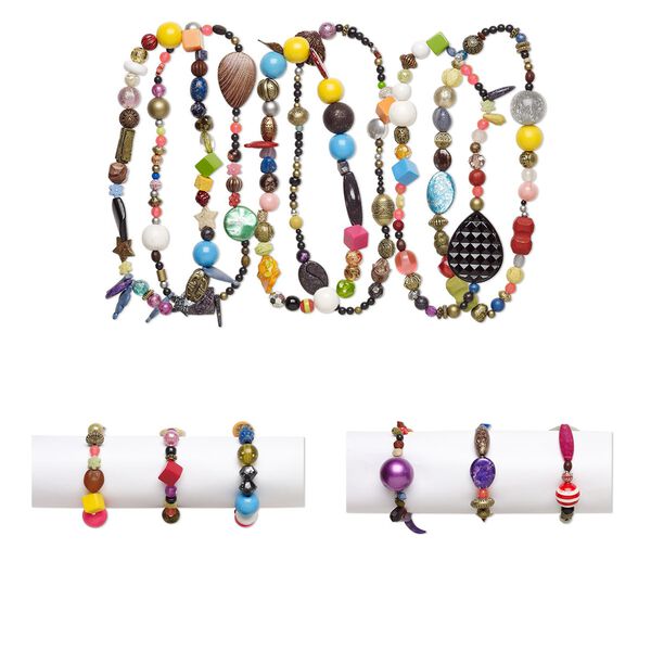 Necklace and bracelet mix, stretch, acrylic, multicolored, 5mm-50x49mm mixed shapes. Sold per pkg of 6. image number 0