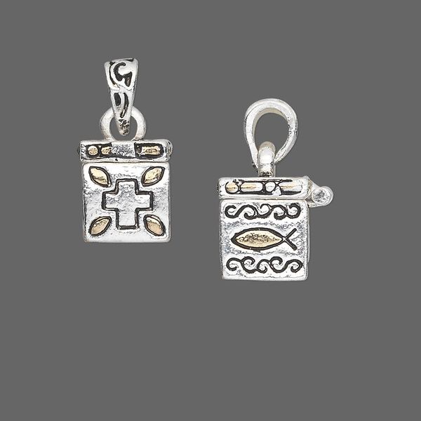 Drop, antique silver- and gold-finished "pewter" (zinc-based alloy), 13x11mm cube prayer box with assorted designs and magnetic closure. Sold individually. image number 0