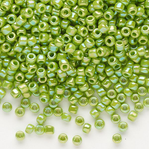 Seed bead, Dyna-Mites™, glass, opaque rainbow lime, #8 round. Sold per 1/2 kilogram pkg. image number 0