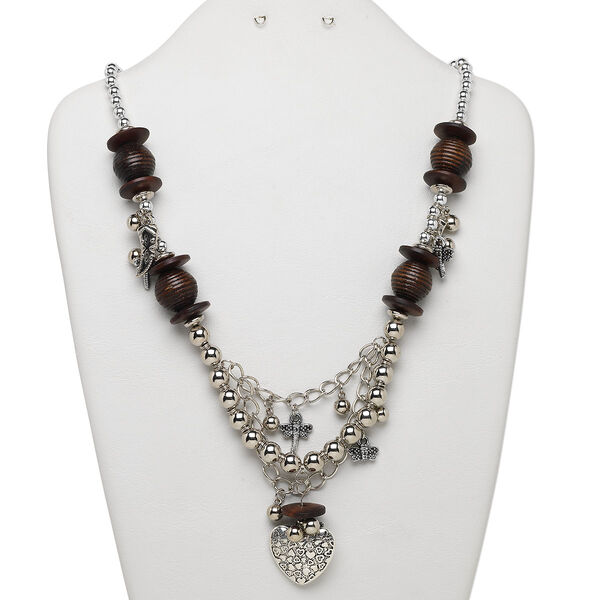 Necklace, Huangshan pine tree wood and silver-finished plastic, brown, 30x29mm heart focal with mixed size and shape beads and charms, 24 inches with silver-finished brass lobster claw clasp and 1-3/4 inch steel extender chain, 28-inch drape. Sold individually. image number 0