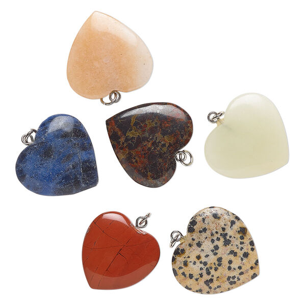 Drop mix, silver-finished steel and multi-gemstone (natural / dyed / manmade), 24-28mm puffed heart. Sold per pkg of 6. image number 0