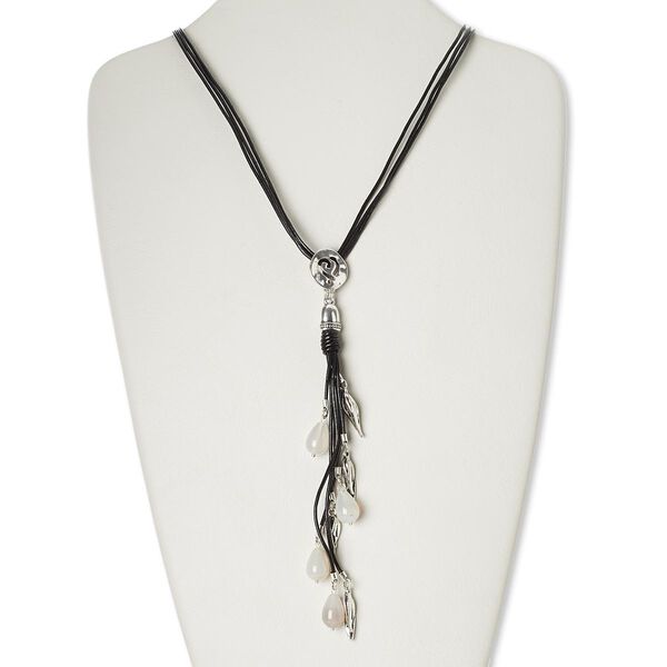 Necklace, 3-strand, leather (dyed) / agate (natural) / antiqued silver-finished "pewter" (zinc-based alloy), black, 7-inch dangle, 30 inches with 2-inch extender chain and lobster claw clasp. Sold individually. image number 0