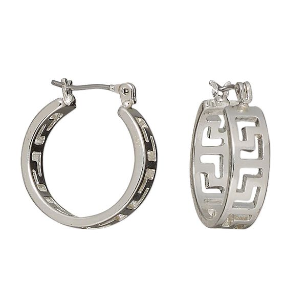 Earring, silver-plated steel and "pewter" (zinc-based alloy), 20mm round hoop with Greek key cutout design and latch-back closure. Sold per pair. image number 0