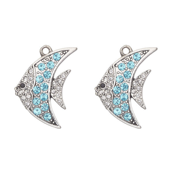 Charm, antique silver-finished "pewter" (zinc-based alloy) and glass, aqua blue and clear, 26x19mm single-sided angelfish. Sold per pkg of 2. image number 0
