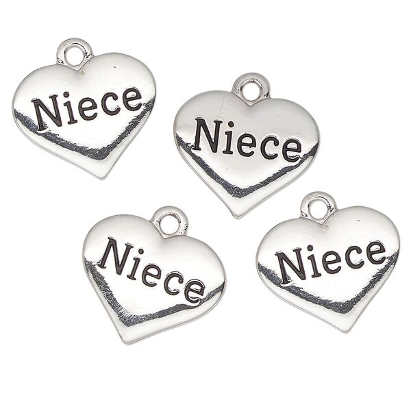 Charm, antique silver-finished "pewter" (zinc-based alloy) enamel, black, 16x13mm heart with "Niece". Sold per pkg of 4. image number 0