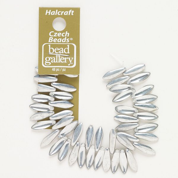 Bead, pressed glass, opaque half-coated silver luster clear, 16x5mm top-drilled dagger. Sold per pkg of 48. image number 0