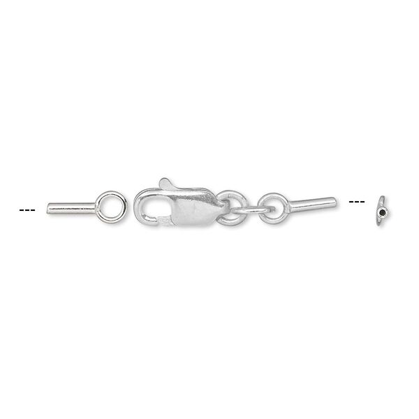 Clasp, lobster claw, sterling silver and steel, 28x4mm with crimp tube ends, 0.7mm inside diameter. Sold per pkg of 10. image number 0