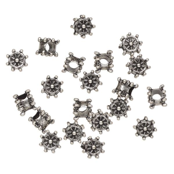 Bead, antique silver-finished "pewter" (zinc-based alloy), 10x7mm ship wheel. Sold per pkg of 20. image number 0