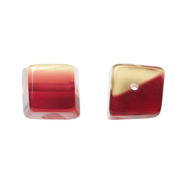 Bead, resin, red and yellow, 13x13mm irregular cube. Sold per pkg of 4. image number 0