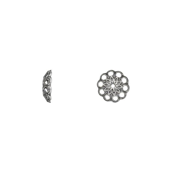 Bead cap, antique silver-plated brass, 8x2mm fancy round with cutouts, fits 8-10mm bead. Sold per pkg of 100. image number 0