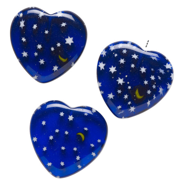 Bead, millefiori glass, translucent multicolored, 24-26mm half-drilled half-drilled puffed heart with star and moon design. Sold per pkg of 3. image number 0
