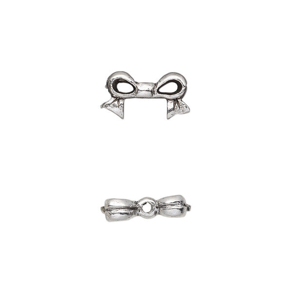 Bead, pewter (tin-based alloy), pkg/1, antique silver plate, 13x7mm double-sided bow, fits 6mm cube. image number 0